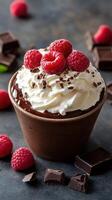 Delicious chocolate dessert topped with whipped cream and fresh raspberries on a dark surface photo