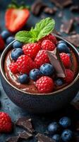 Indulgent chocolate mousse topped with fresh berries and mint on a rustic table photo