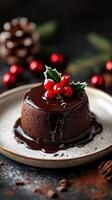 Delicious chocolate dessert topped with berries and holly in festive setting during holiday season photo