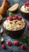Delicious dessert bowl with creamy pudding topped with fresh raspberries and chocolate chips photo