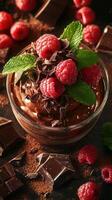 Delicious chocolate dessert topped with fresh raspberries and mint leaves in a cozy setting photo