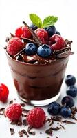 Decadent chocolate mousse dessert topped with fresh berries and chocolate shavings photo