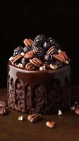Decadent chocolate cake topped with blackberries and pecans presented on a dark background photo