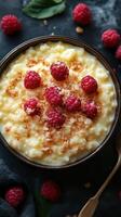 Creamy dessert with raspberries and toasted flakes served in a bowl on a dark surface photo