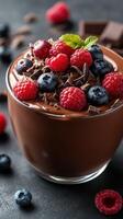 Decadent chocolate mousse topped with fresh raspberries and blueberries in a clear glass bowl on a dark textured surface photo