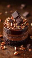 Delicious chocolate dessert topped with pecans and dark chocolate squares in a cozy kitchen setting photo