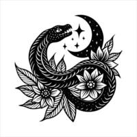 A snake coiling protectively around a crescent moon vector