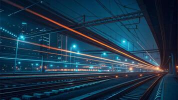 A futuristic cityscape filled with vibrant neon lights and dynamic data streams. Railway corner waiting for the train. photo