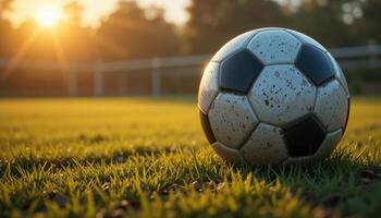 soccer ball on grass at sunset photo