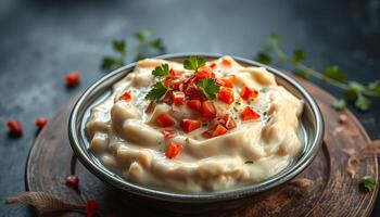 Creamy Roasted Red Pepper Dip with Parsley Garnish photo