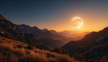 Full Moon Over Mountain Range at Sunset photo
