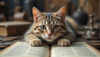 A house cat appears embarrassed while reading. photo
