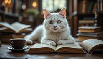 A White Cat Lying with a book and a cup of coffee photo