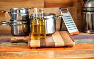 Olive Oils and Cookware on a Vibrant Cutting Board photo