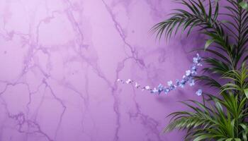 Floating Purple Flowers and Palm Leaves on Lilac Marble Background photo
