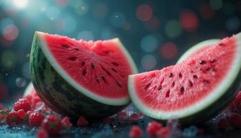 Watermelon and Raspberry Summer Still Life with Moody Lighting photo