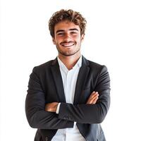 A man in a suit and tie standing with his arms crossed photo