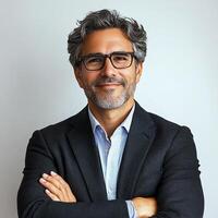 A man with glasses and a beard is standing with his arms crossed photo