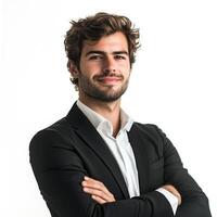 A man in a suit and tie standing with his arms crossed photo