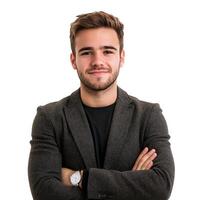 A young man in a suit standing with his arms crossed photo