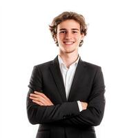 A young man in a suit and tie standing with his arms crossed photo