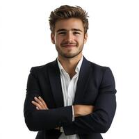 A man in a suit and tie standing with his arms crossed photo