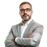 A man with glasses and a beard is standing with his arms crossed photo