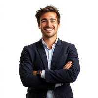 A man in a suit is smiling and standing photo