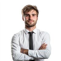 A man in a shirt and tie standing with his arms crossed photo