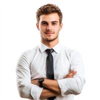 A young man in a shirt and tie standing with his arms crossed photo