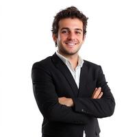 A man in a suit and tie standing with his arms crossed photo