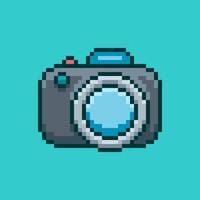 A retro-style pixel art illustration of a digital camera, reminiscent of classic games. The design is simple yet iconic. vector