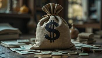 Burlap Money Bag on Wooden Surface with Coins and Cash photo