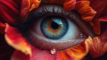 An eye with a mesmerizing blue and amber iris peers from a delicate bloom of petals, a single teardrop clinging to the lower lid. photo