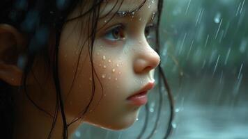 A close-up shot of a young girl, her face gently touched by raindrops, gazing with a thoughtful expression, encapsulating the beauty and serenity of a rainy day. photo
