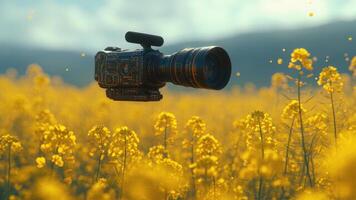 An antique-style camera floats gracefully amidst a field of vibrant yellow flowers, creating a picturesque scene. photo
