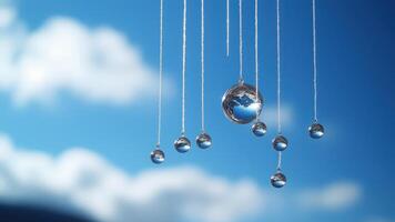 Captivating image of water droplets suspended in mid-air against a backdrop of a bright blue sky and soft, fluffy clouds. The droplets mirror the world. photo