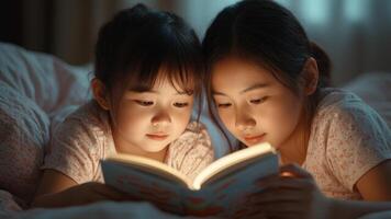 Two young girls, illuminated by a soft glow, are engrossed in a book, sharing a moment of learning and connection in a warm, intimate setting photo