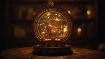 A vintage snow globe, housing a miniature scene with warm, golden lights, radiates an aura of enchantment and nostalgia, set in a softly lit, antique-filled ambiance photo