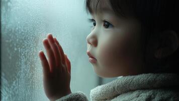 A captivating image of a young child gazing wistfully through a rain-streaked window, evoking a sense of introspection, innocence, and the quiet beauty of a rainy day. photo