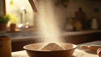 Captured in a close-up shot, a cloud of flour descends gracefully into a bowl on a wooden surface, ready for culinary artistry. photo