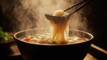 A culinary close-up reveals a bowl of steaming noodles, where chopsticks lift up a delicious serving, enticing the senses with a warm, comforting aesthetic. photo