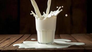 A captivating visual of fresh milk pouring into a glass, creating dynamic splash and overflow on a rustic wooden surface, capturing the essence of dairy delight. photo