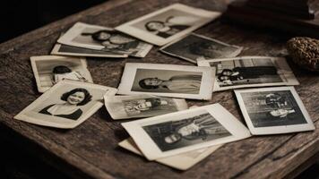 Vintage photos arranged on a rustic, dark wooden surface, evoking nostalgia, heritage, and the passage of time.
