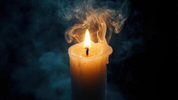 A single candle flame casts a warm, flickering glow, wisps of smoke swirling gently against a dark backdrop, evoking feelings of solemnity and introspection. photo