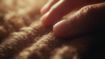 A close up shot of a hand gently caressing a soft, textured surface, conveying a sense of comfort and tactile experience. photo