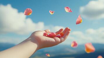 A tender hand gracefully catches falling flower petals against a backdrop of a clear blue sky with soft clouds. A moment of pure, gentle beauty. photo