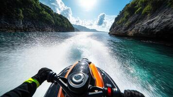 A jet ski speeds across the gulf, jumping over waves and weaving between anchored boats. Water splashes onto the camera lens as the rider performs a daring turn, photo