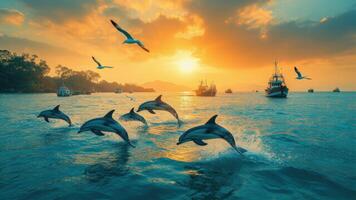 over a vast turquoise gulf, revealing fishing boats gently rocking with the waves. A pod of dolphins leaps gracefully in the golden light of sunset photo