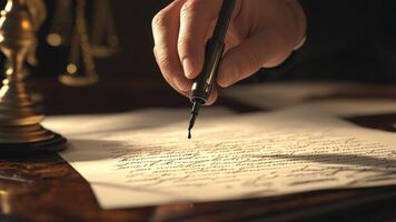 Close-up of hand using fountain pen, the moment of creativity and elegance while writing on parchment with ink drop. photo